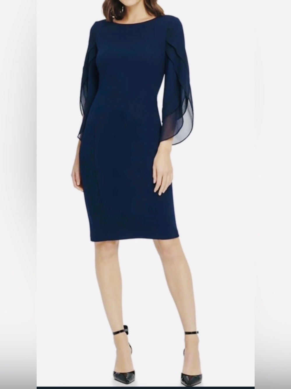DKNY Navy Chiffon-Sleeve Midi Sheath Dress